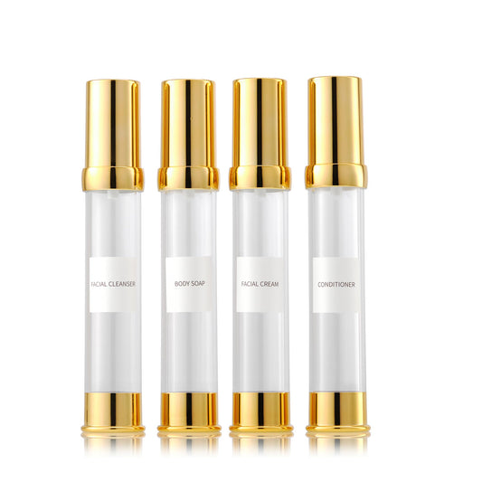 XQNCBY 30ml 1oz travel bottles 4 pcs,Golds clear travel bottles,Airless pump bottles,DIY travel bottle set cosmetic containers Included， Gift Box，With labels,refillable cosmetic containers