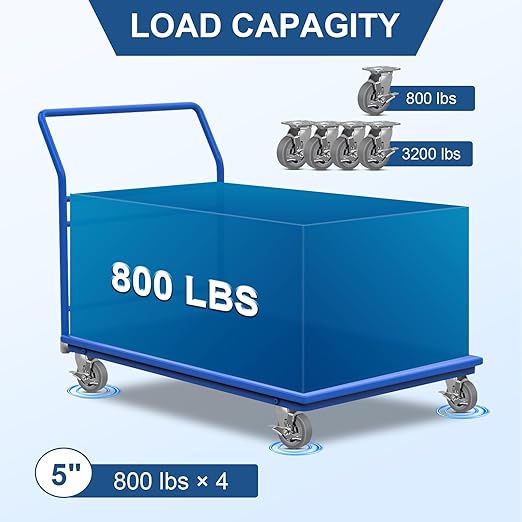 5"x2" Rubber Wheels (Flat Tread)- Heavy Duty Casters, Industrial Caster Wheels- Set of 4 with up to 3200 LB Capacity- Use for Dollies, Workbench(2 Brake &2 Rigid)
