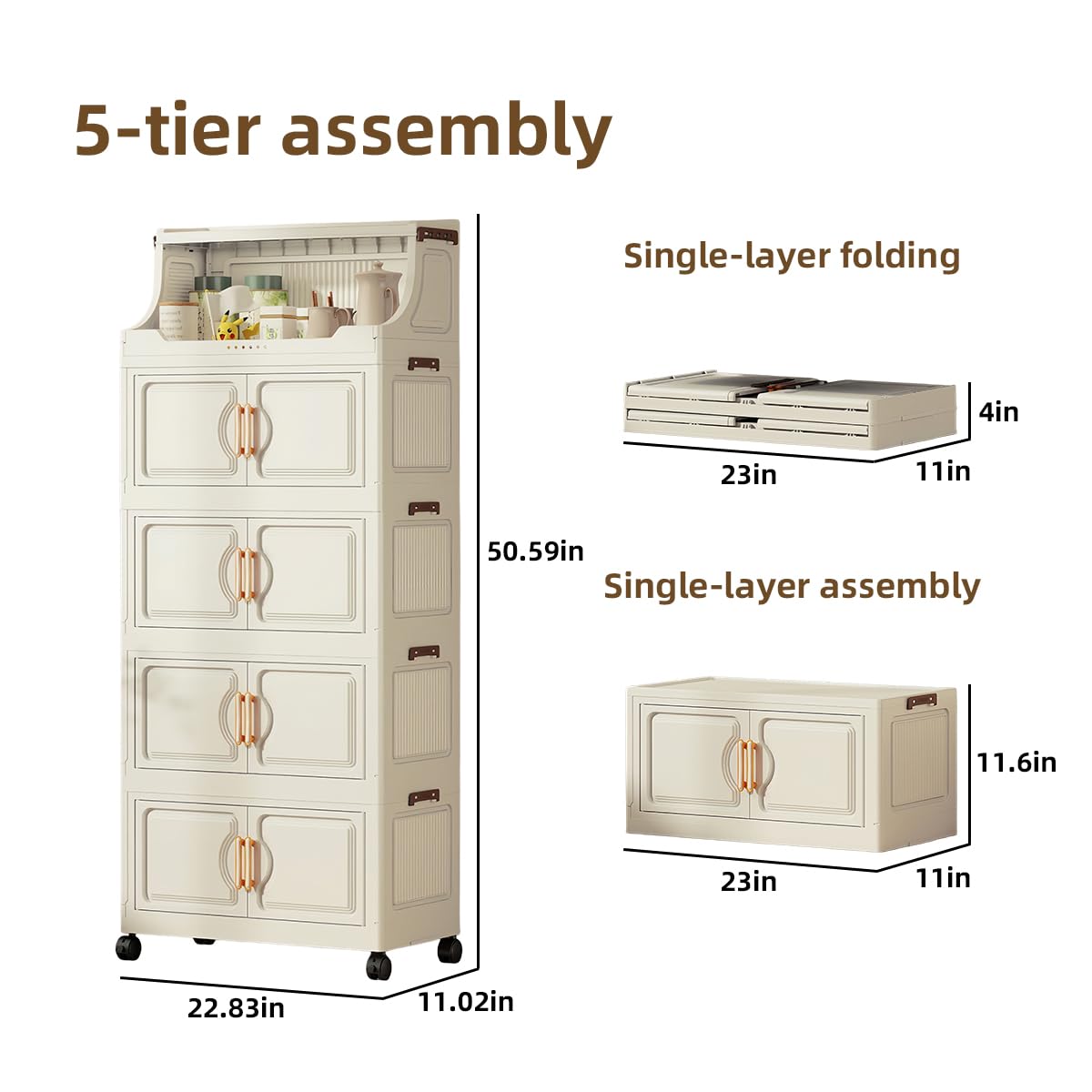 217QT Stackable Storage Bins with Lids & Rack, 5 Tier Large Capacity Foldable Storage Cabinet, Clear Collapsible Pantry Organizer for Home, Kitchen, Bathroom, Dorm, Office, White