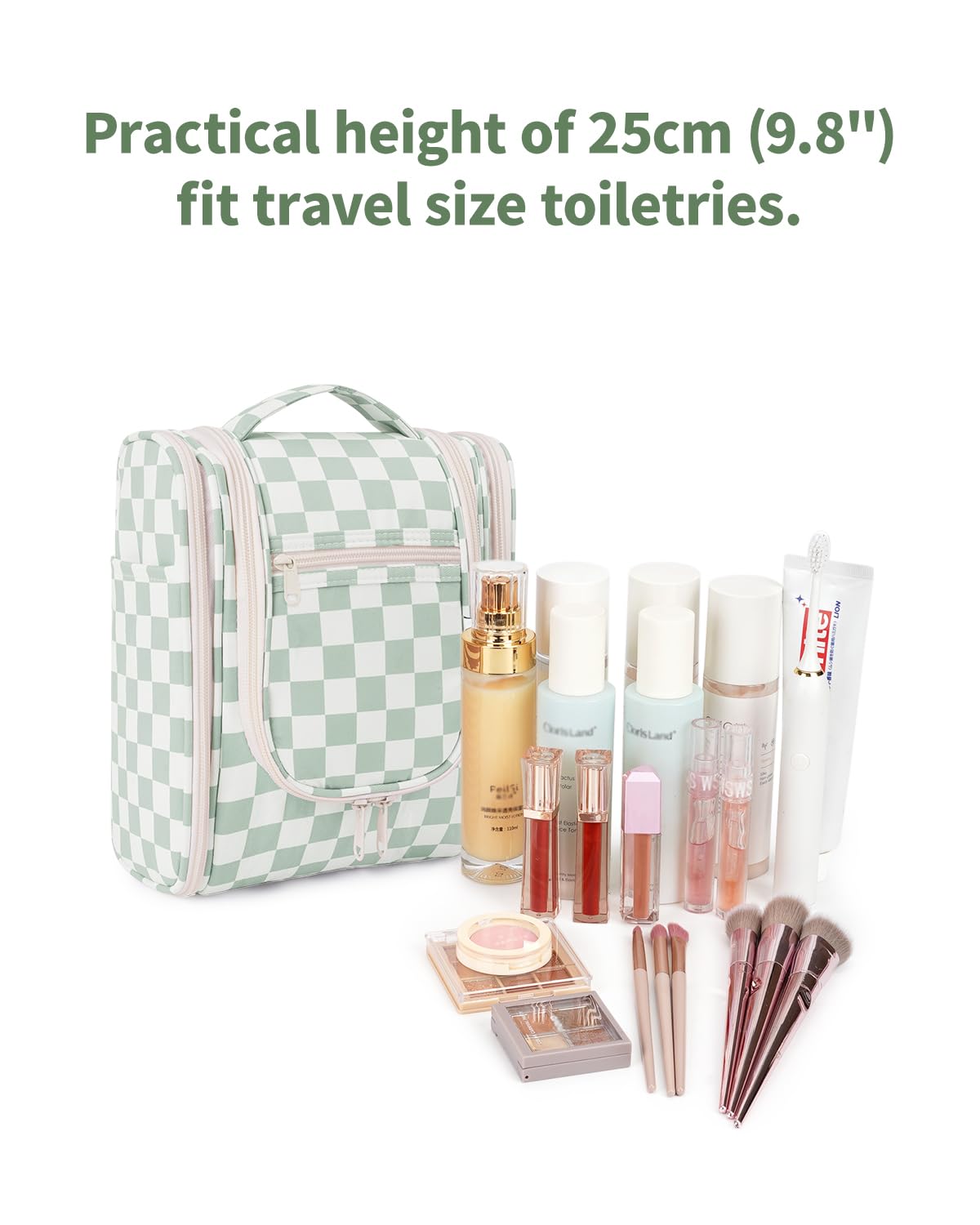 Narwey Hanging Travel Toiletry Bag for Women, Travel Bag for Toiletries, Checkered Makeup Bag Organizer, Cosmetic Make Up Bags for Travel Size Essentials, Skincare, Brushes (Mint Green Checkerboard)