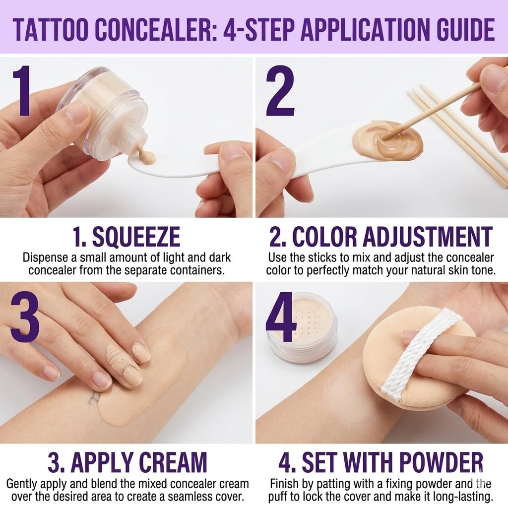 Tattoo Cover Up Makeup Waterproof, 2 Color Professional Skin Concealer for Tattoos Scars and Blemishes, Dark and Light Tone Color Mixing Kit, Long Lasting Camouflage Cosmetics
