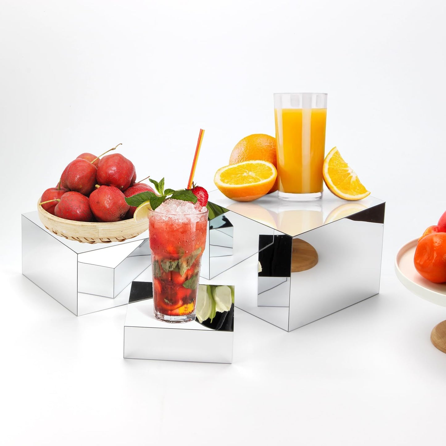 KCGANI Acrylic Silver Mirror Display Riser, 3 Pcs Glossy Silver Risers for Display Food Display Lifter Nesting Display Risers Hollow Bottom, Acrylic Box Rack Perfume Cosmetics Collection Stand