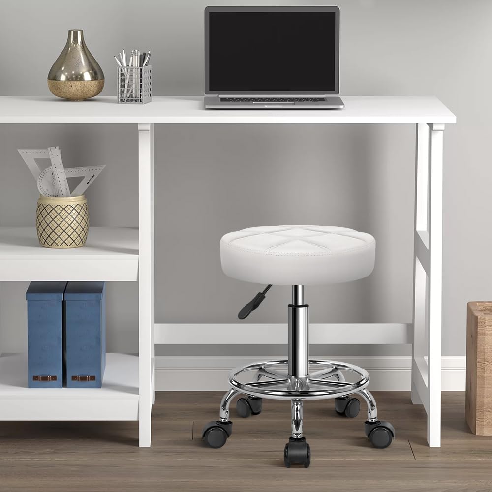 KKTONER Round Rolling Stool Chair PU Leather Height Adjustable Swivel Drafting Work SPA Shop Medical Salon Stools with Wheels Office Chair Small (White)
