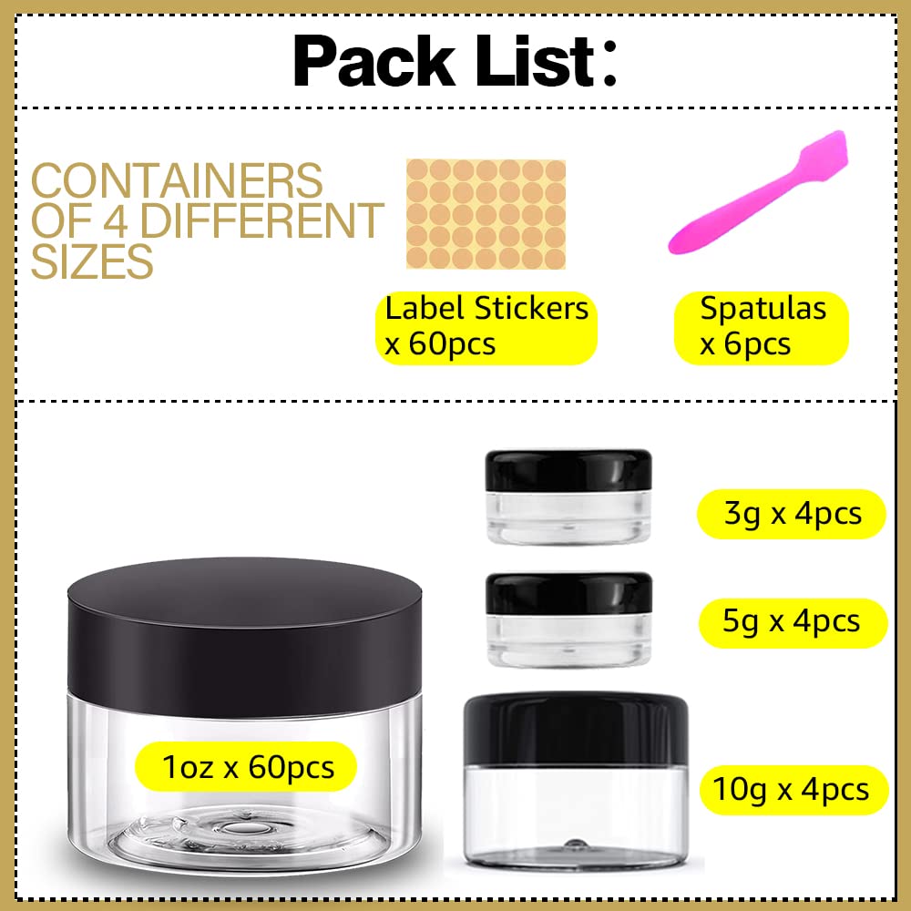 1 oz Plastic Containers with Lids 60pcs Plastic Jars with Lids + 3/5/10 Gram 12pcs Sample Containers Travel Jar– Great for Lip Scrub, Body Butters, Cream, Lotion, Labels & Spatulas (72 Pack)