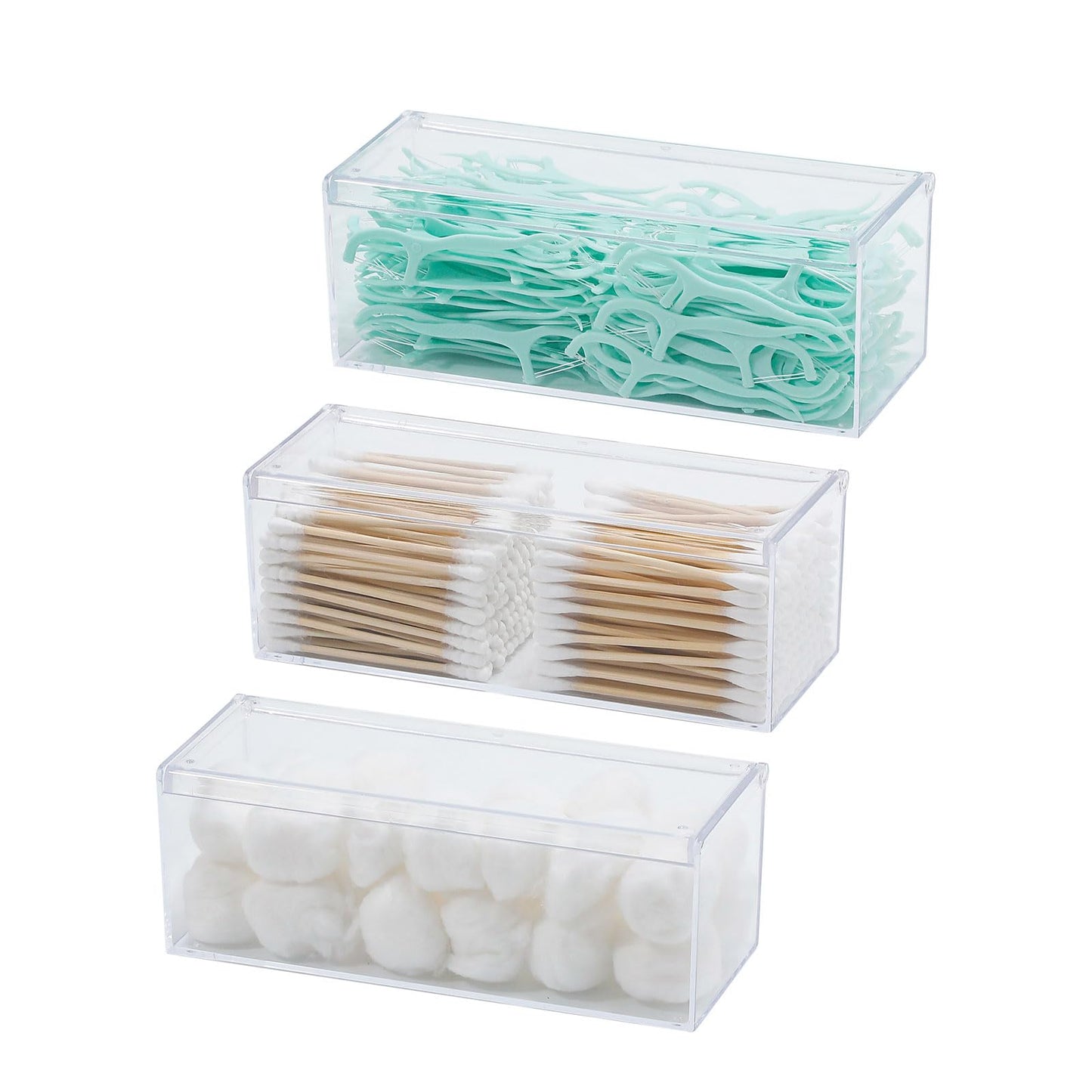 GOXITAX 3 Pack Qtip Organizer Container with Lid, Plastic Bathroom Vanity Storage Canister for Cotton Swabs and Balls, Makeup Sponges, Hair Clips, Clear Counter and Desk Drawer Holder