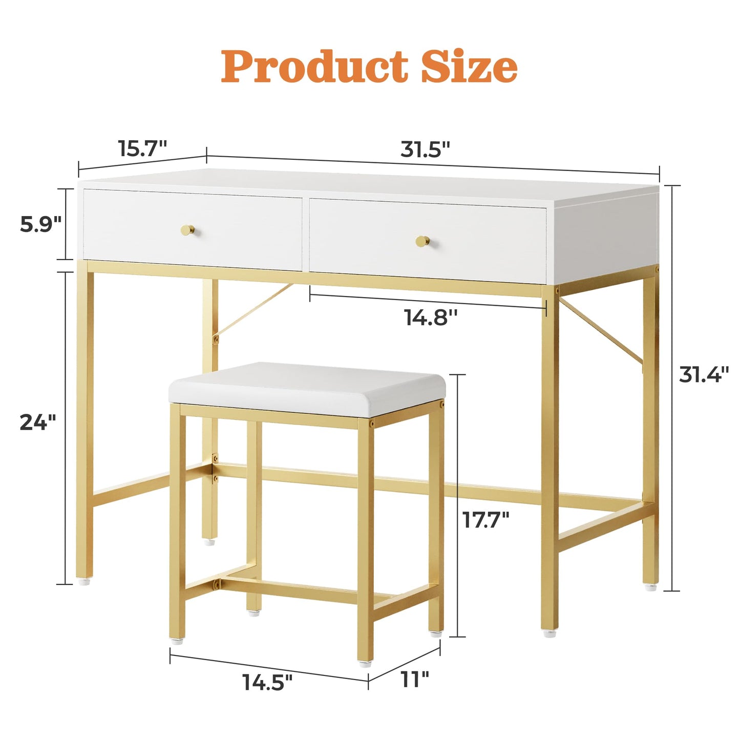 SUPERJARE 31.5" White and Gold Desk with 2 Drawers, Modern Makeup Vanity with Padded Stool, Small Computer Desk Home Office Desk for Writing Study Bedroom