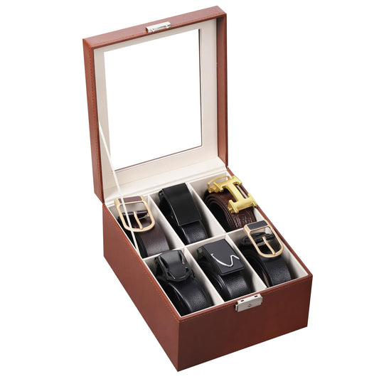 AUTOARK PU Leather Belt Organizer with 6 Compartments & Transparent Glass Top,Compact Storage for Belts,Ties,and Accessories,Perfect for Men,Women,and Home Organization,Brown,MKAW242