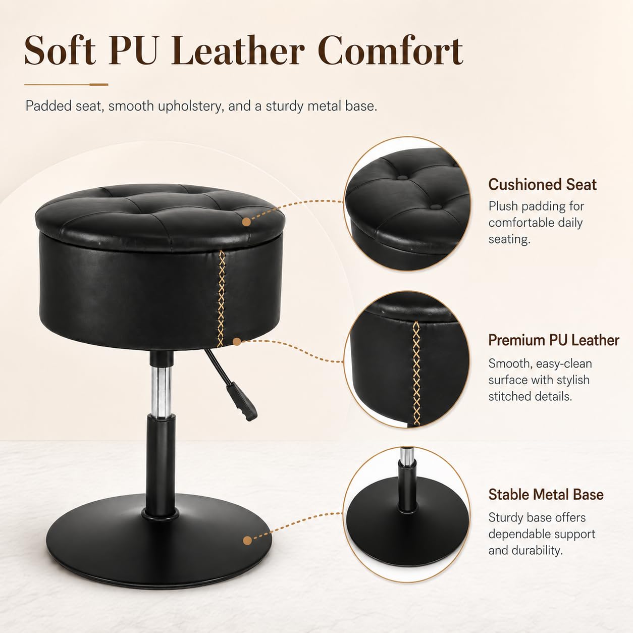 ACEQLYT 2 in 1 Adjustable Storage Vanity Stool with Flip-Over Wood Tray, 360° Swivel Vanity Chair with Storage, Small Round Makeup Stool for Vanity, Black PU Leather