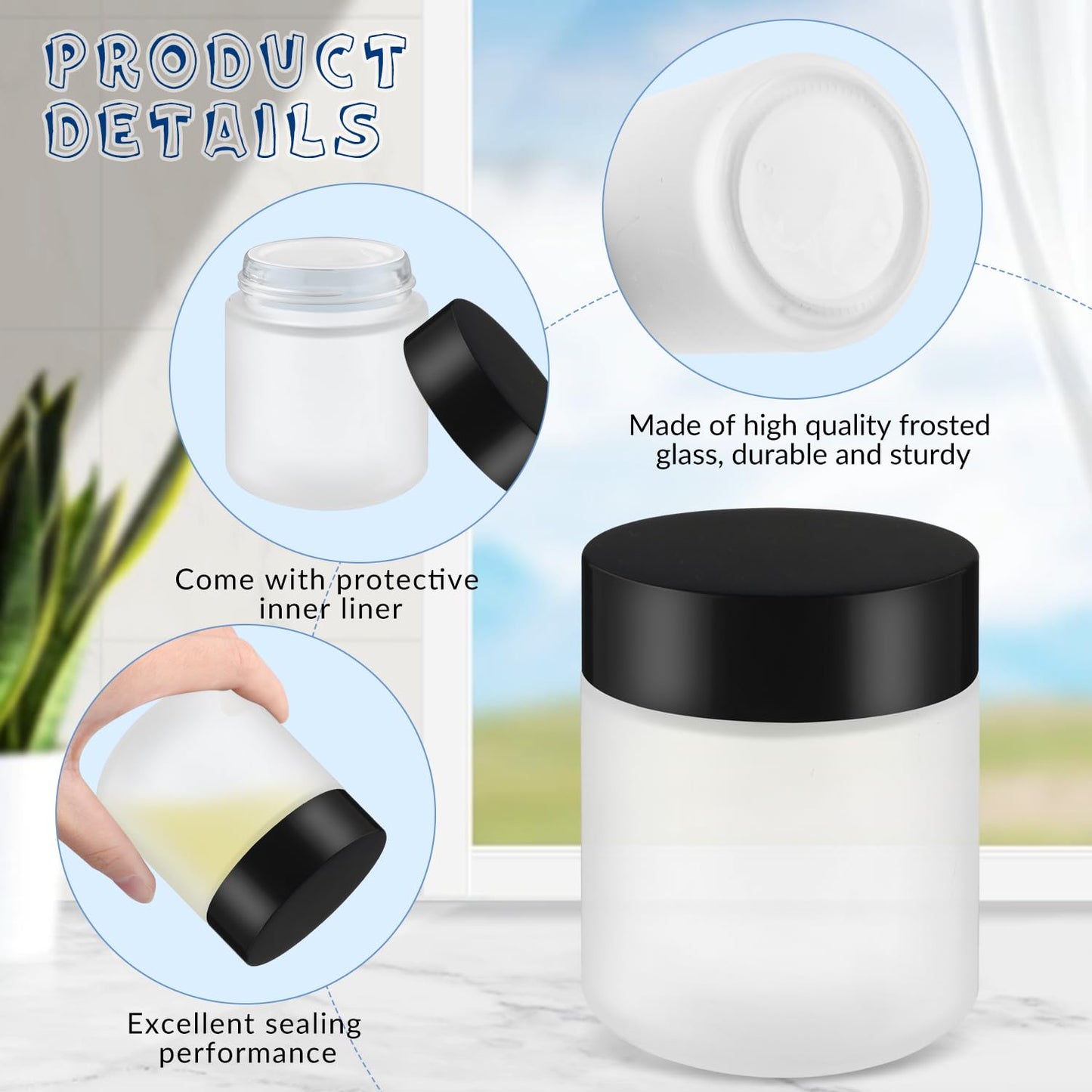 6 Pcs 200ml/6.7oz Frosted Glass Jars Empty Cosmetic Pot Refillable Cream Container Bottle with Black Lids for Lotion Face Cream DIY Makeup Toiletries - White