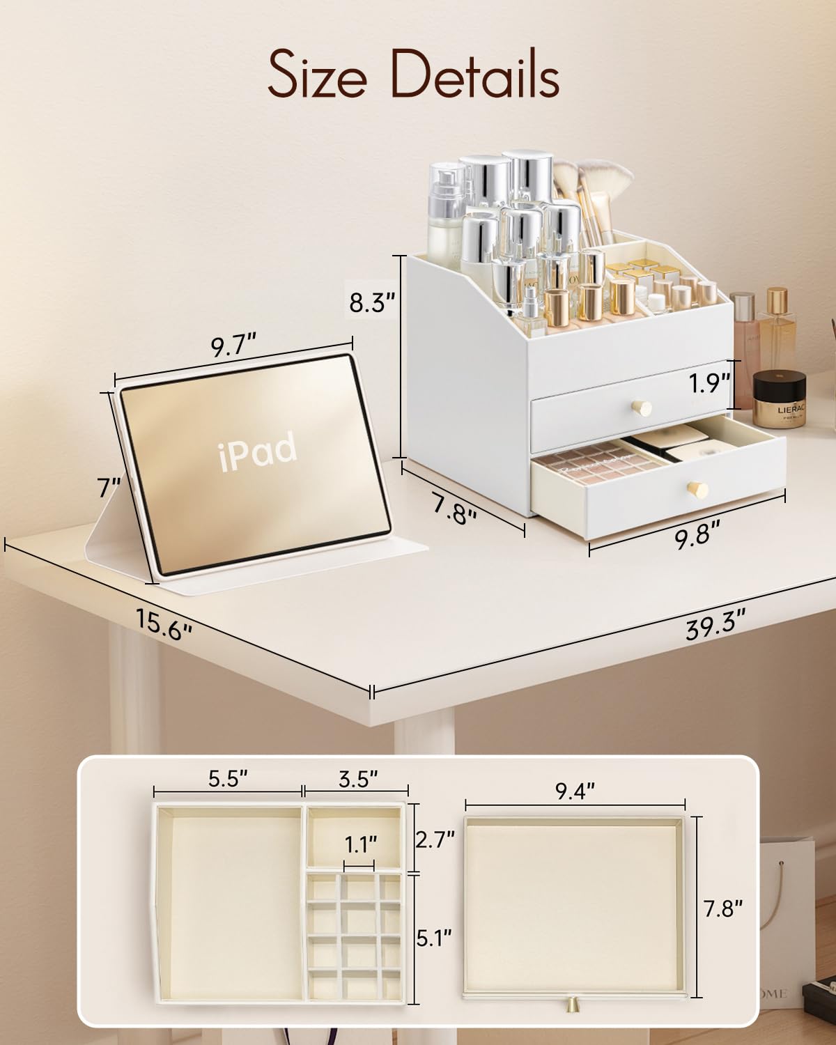VLANDO Makeup Organizer for Vanity,Large Capacity Countertop Organizer with Drawers, PU Leather Cosmetic Display Case for Lipstick,Brushes,Skincare,Nail polish and Bedroom Storage (White)