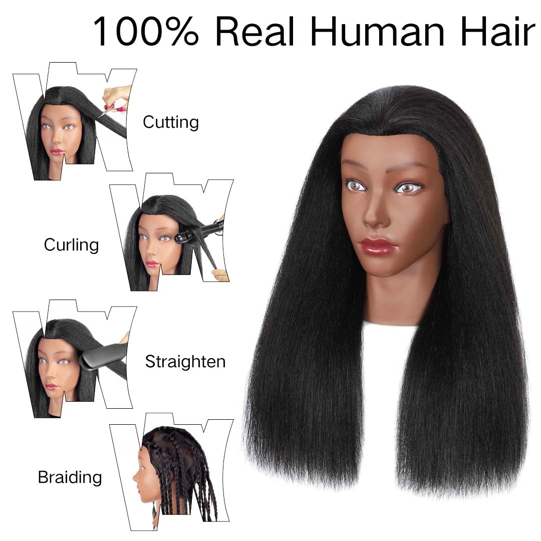 MQHIHI Mannequin Head Human Hair with Tripod Stand, 100% Real Hair Cosmetology Manikin Doll Head for Hairdresser Practice Braiding with Tripod Set and Tools (18 Inch)