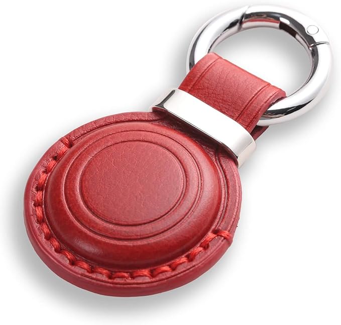 Genuine Leather Keychain Holder Compatible with AirTag - Secure Case Cover Key Ring Chain Fob Accessories Intended for Air Tag - Dark Red (2 Pack)
