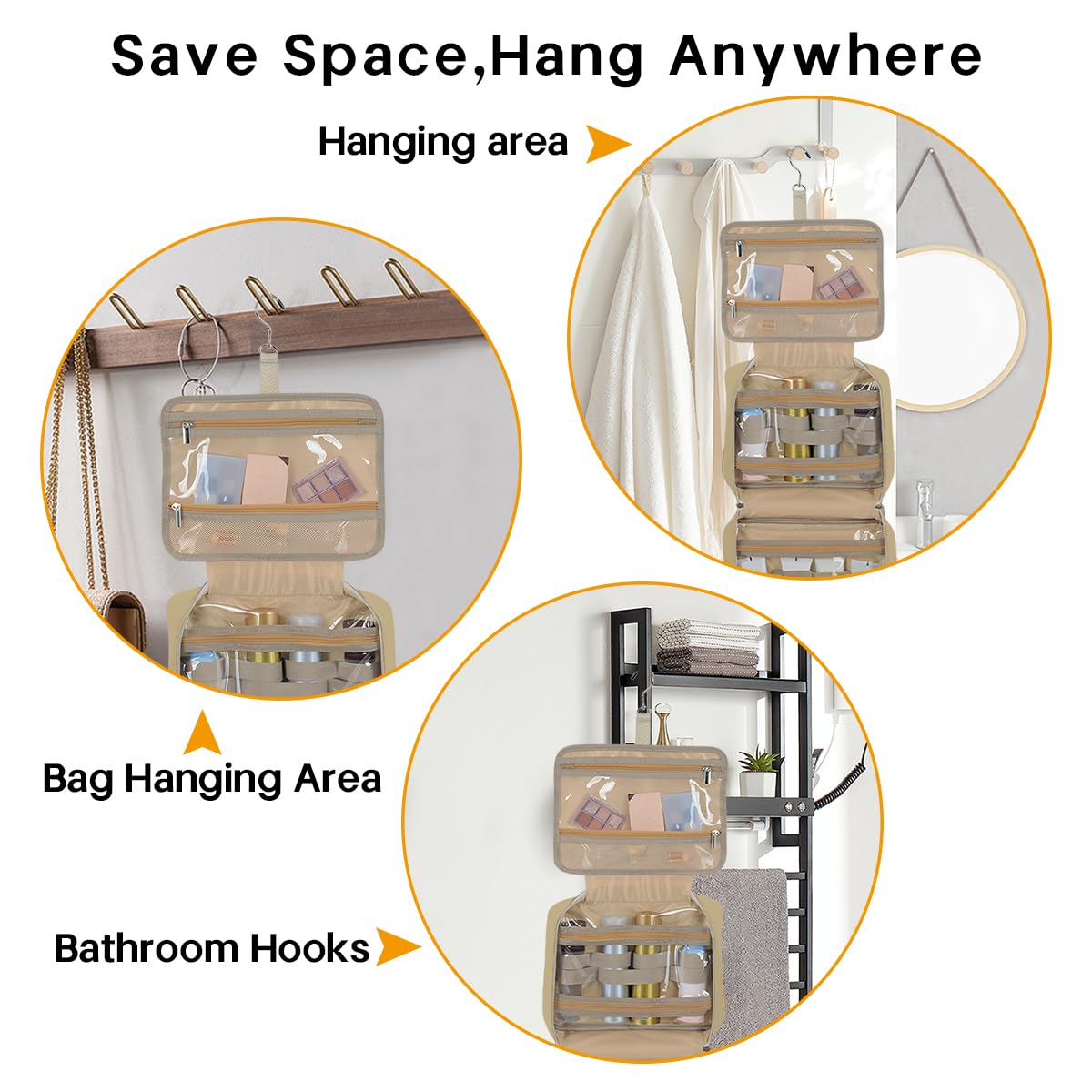 LANDFOBO Toiletry Bag for Women, Hanging Travel Toiletry Bag with Jewelry Organizer Compartment Large Makeup Bag, Cosmetic for Travel Business Trips Camping Bathroom Beige