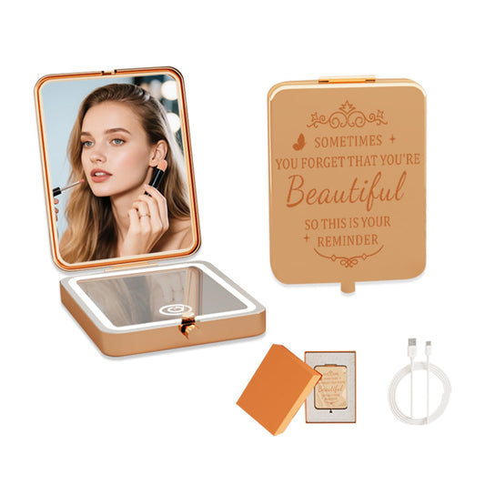 PDOZV Mini Rechargeable LED Pocket Makeup Mirror - Dimmable 3 Color Lighting, 1X/3X Magnification, Portable Folding Design for Travel & Purse, Ideal Gift for Women, Engraved You're Beautiful Mirrors