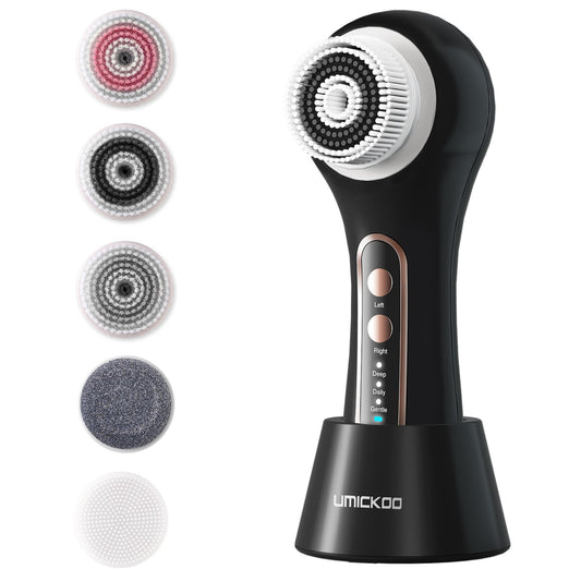 UMICKOO Electric Facial Cleansing Brush, 2-Way Rotating Face Scrubber for Daily & Deep Cleaning, 3 Modes, 5 Brush Heads, Rechargeable, IPX7 Waterproof for All Skin Types