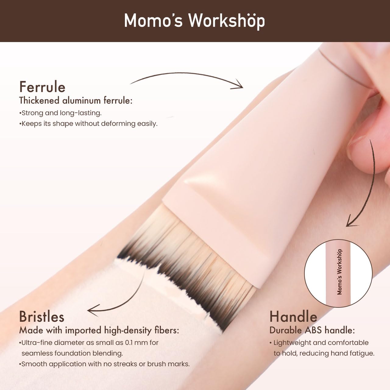 Momo's Workshop Rosy Reverie Trio Makeup Brush and Sponge Set–Pink & White 3-Piece Kit for Foundation and Powder& Fish Tail Brush, Flat Blending Sponge & Velour Powder Puff for a Flawless Finish