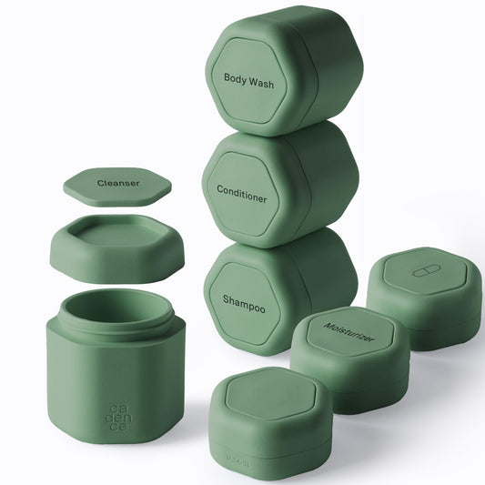 Cadence Travel Containers - Daily Routine Capsule Set - Magnetic Containers with Lids,4 Flex Mediums (1.32oz) & 3 Flex Smalls (0.56oz) - Shampoo, Conditioner, Body Wash, Pills, & More - Eucalyptus