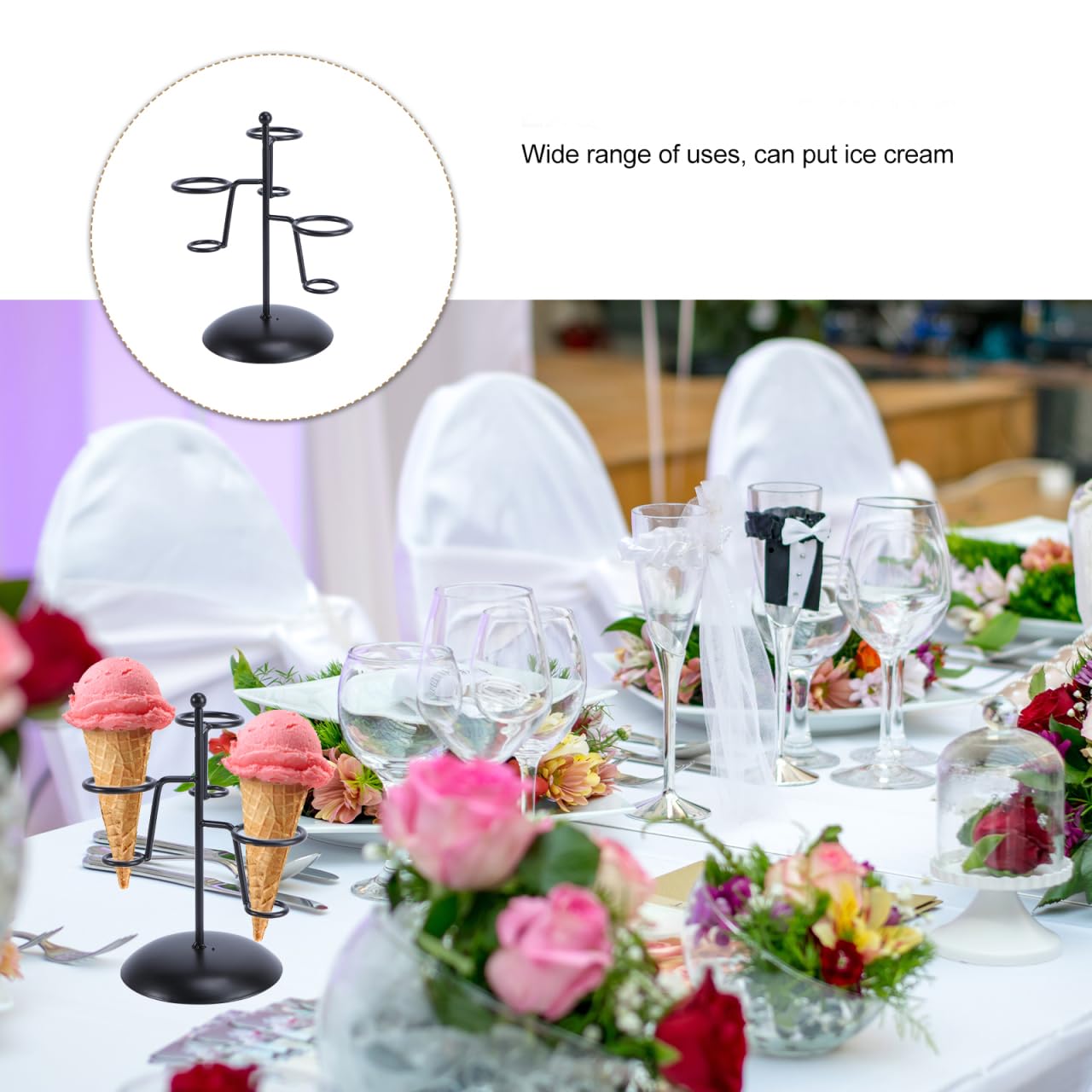 MAGICLULU Ice Cream Cone Holder Stand, 3 Holes Metal Waffle Display Rack, Black Iron Art Countertop Server Counter Station For Party Table, Bakery, Dessert Shop, Cupcake Pop Centerpiece