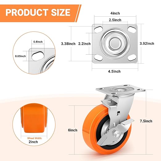 8 Inch Heavy Duty Casters - Industrial Casters with Upgraded Thickened Bracket Set of 4, Polyurethane Wheel Capacity up to 6000 lbs, Swivel Caster for Workbench, Platform Truck(4 Brake)