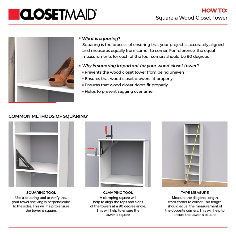 ClosetMaid SuiteSymphony Small Closet Organizer Starter Kit with Tower and 3 Hang Rods, Shelves, Adjustable, Customizable Wardrobe Organizer System, Reach-In or Walk-In Closets, Pure White