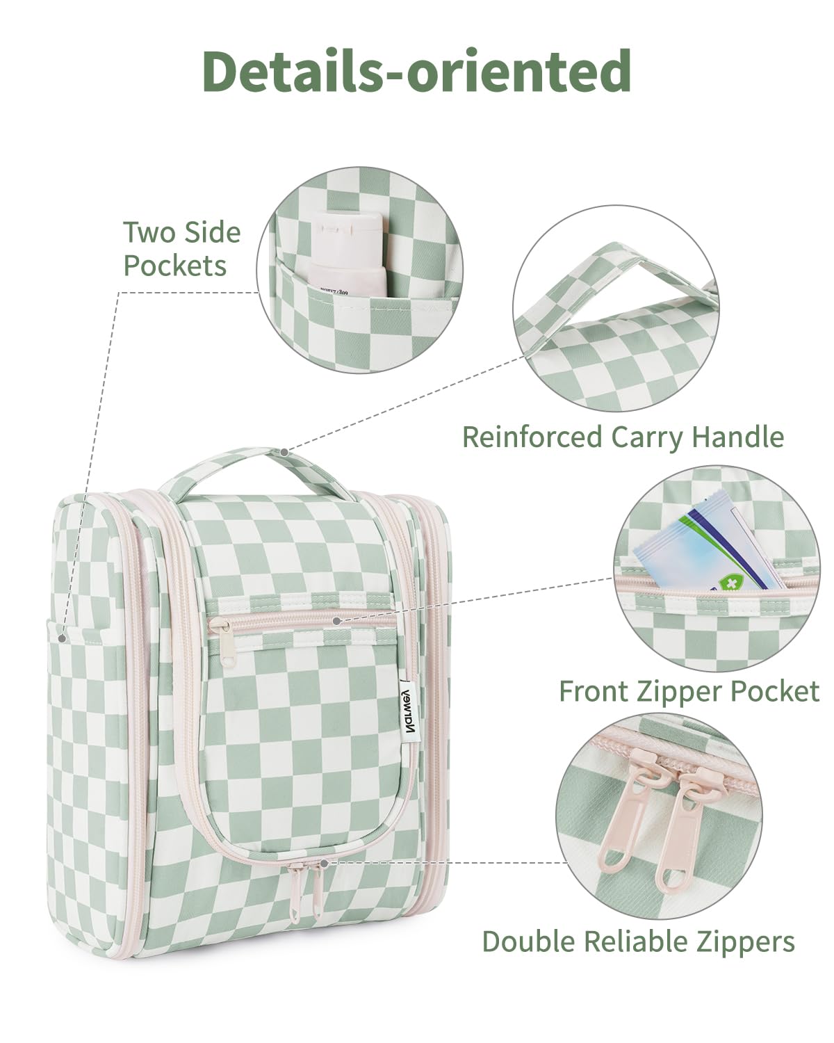 Narwey Hanging Travel Toiletry Bag for Women, Travel Bag for Toiletries, Checkered Makeup Bag Organizer, Cosmetic Make Up Bags for Travel Size Essentials, Skincare, Brushes (Mint Green Checkerboard)