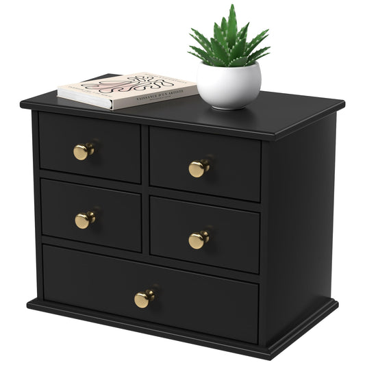 Oak Desk Organizer with Drawers, Durable Wooden Desktop Storage Box with Metal Handles & Non-Slip Silicone Pads, 5 Drawer Tabletop Organizer for Office, Bedroom, Bathroom, Vanity, and Makeup – Black