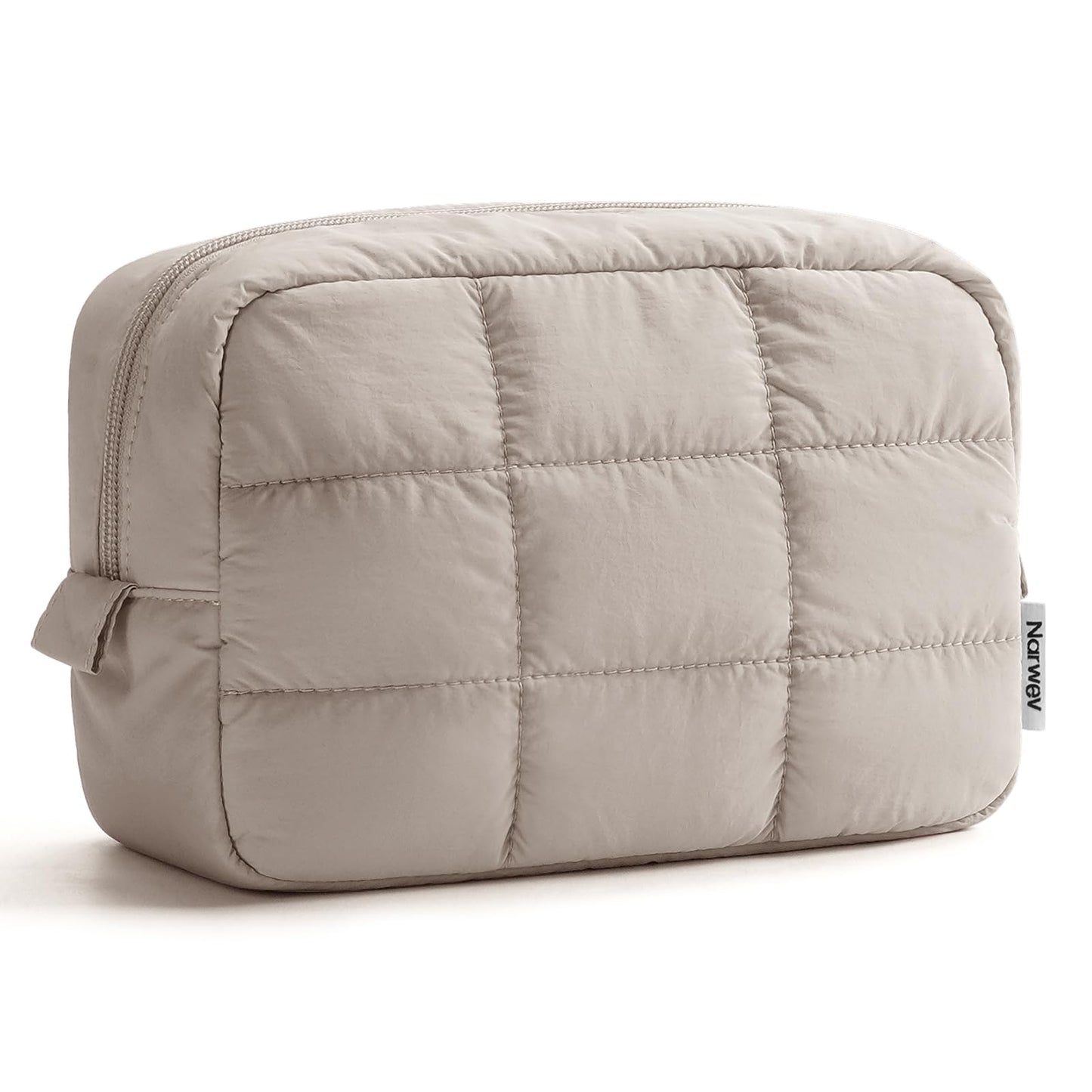 Narwey Quilted Makeup Bag for Women Girl, Puffer Travel Cosmetic Bag Puffy Make Up Bag Organizer, Cute Travel Toiletry Bag for Toiletries (Khaki)