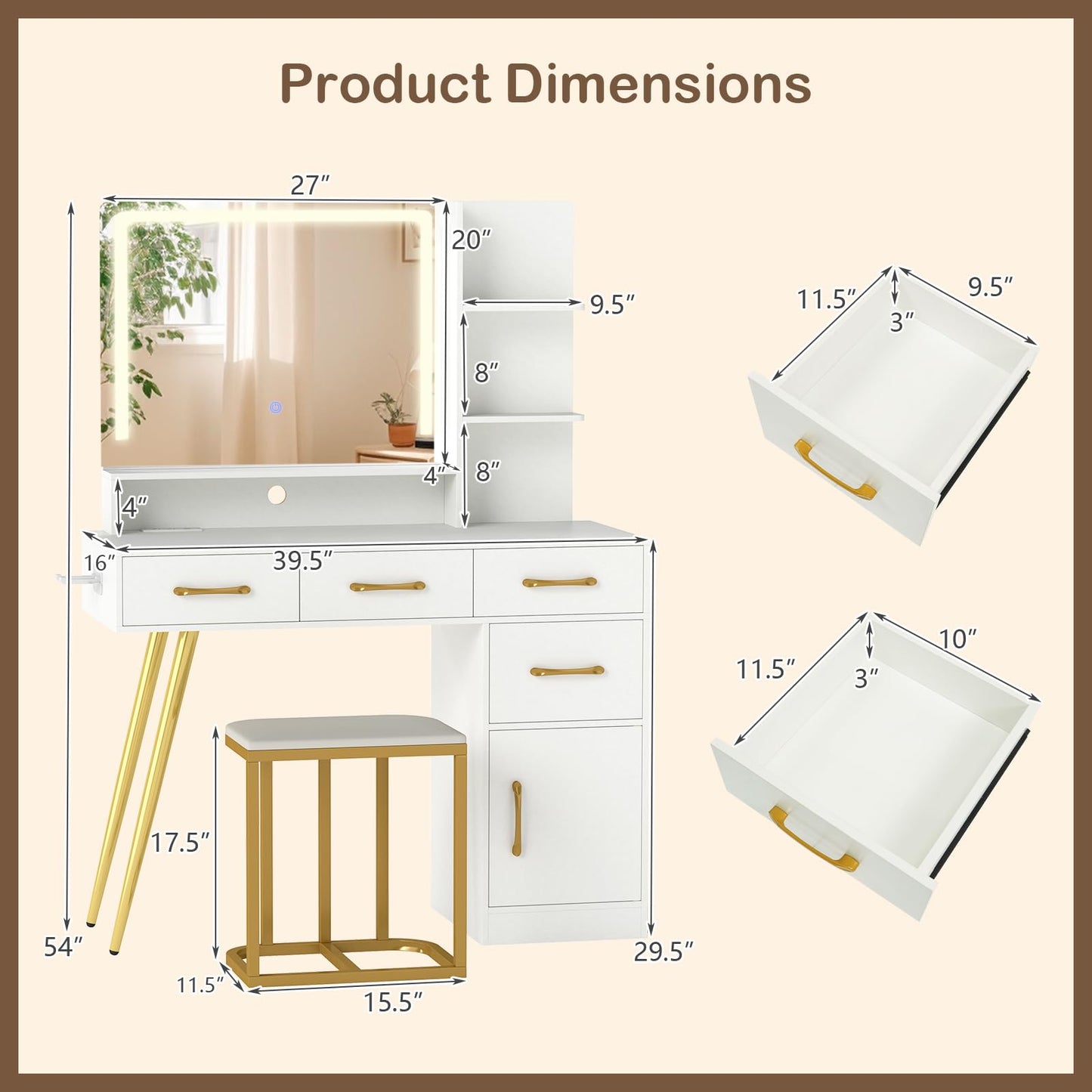 CHARMAID Vanity Desk with LED Mirror and Lights, Charging Station, 4 Drawers, Storage Cabinet & Shelves, Hair Dryer Holder, Modern Makeup Dressing Table with Stool for Bedroom, White & Gold
