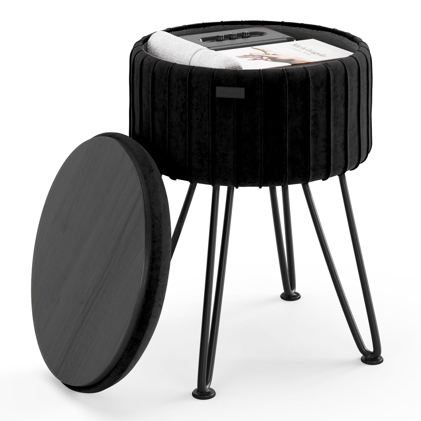 STORAGEBUD Round Ottoman with Storage, Pleated Velvet Storage Ottoman, Foot Stool Ottomans, Makeup Vanity Stool, Small Ottomans Foot Rest, Modern Vanity Stools for Living Room and Bedroom, Black