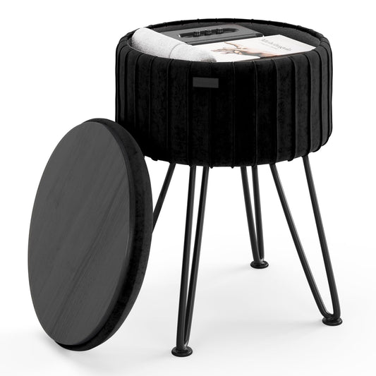 STORAGEBUD Round Ottoman with Storage, Pleated Velvet Storage Ottoman, Foot Stool Ottomans, Makeup Vanity Stool, Small Ottomans Foot Rest, Modern Vanity Stools for Living Room and Bedroom, Black
