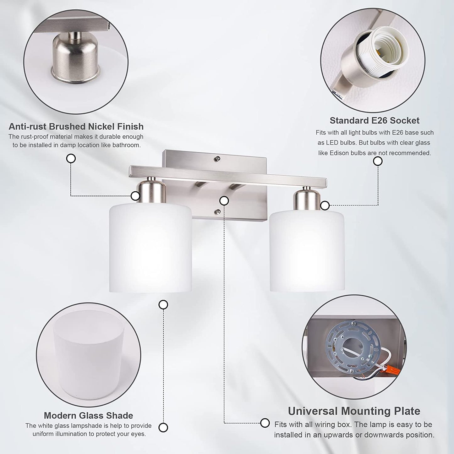 Dekang Bathroom Vanity Light Fixture Over Mirror with Brushed Nickel, Modern 2-Light Wall Sconces Lighting for Bedroom,Living Room,Decor White Glass Shades,E26 Standard Base,Bulbs Not Included