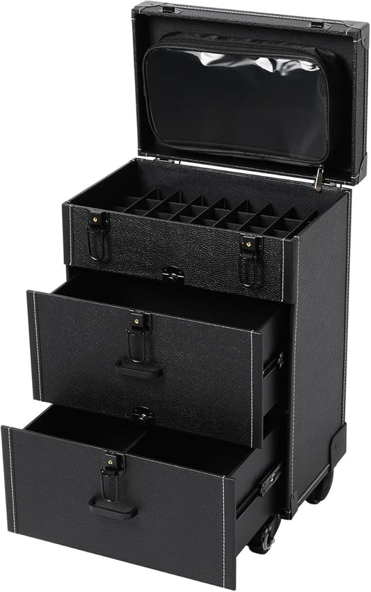 Rolling Makeup Case w/ 4 Keys, 3-tier Lockable Makeup Train Case w/ Drawers, Detachable Nail Polish Organizer, Travel Cosmetic Case w/ 3-gear Telescopic Rod, 13.98*9.06*22.64in, Black Latch+Black