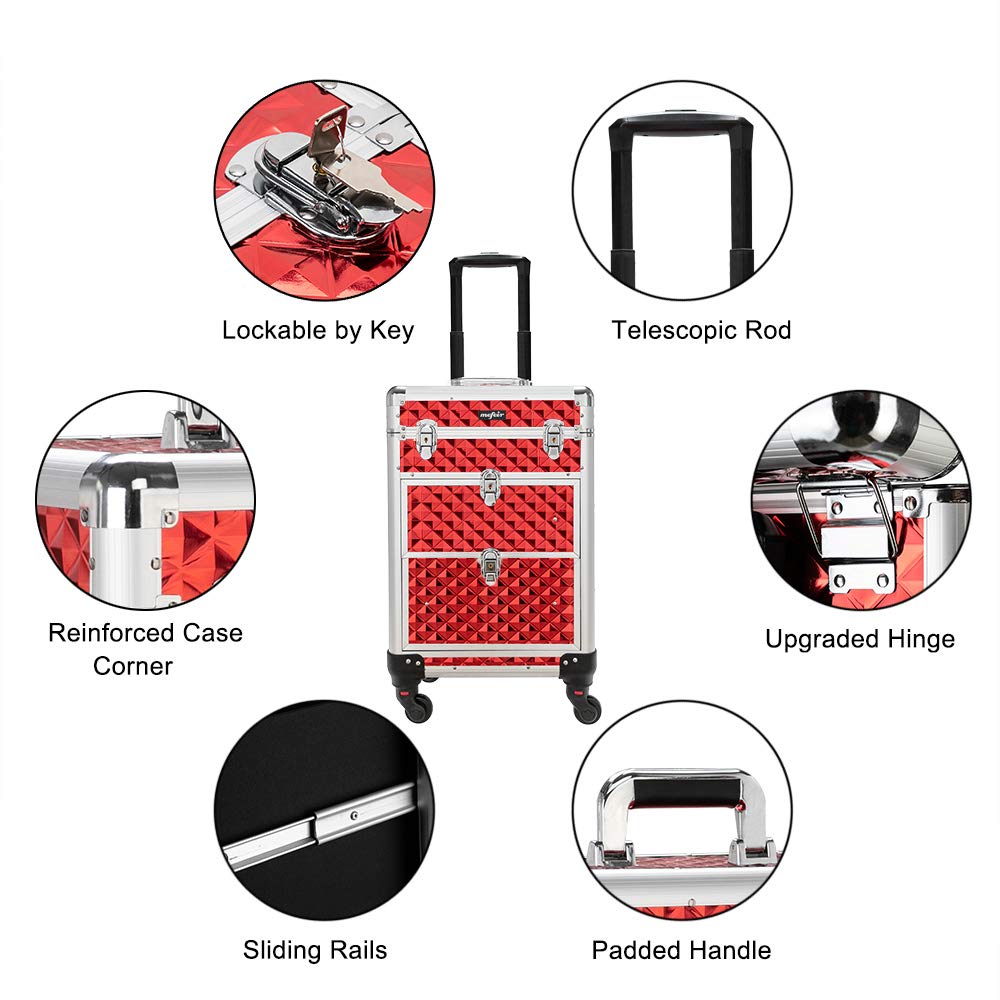 OmySalon Aluminum Rolling Makeup Train Case, Portable Makeup Organizer Suitcase, Cosmetic Storage Box, Travel Beauty Luggage Trolley Lockable w/4 Removable Wheels & 2 Sliding Drawers, Red