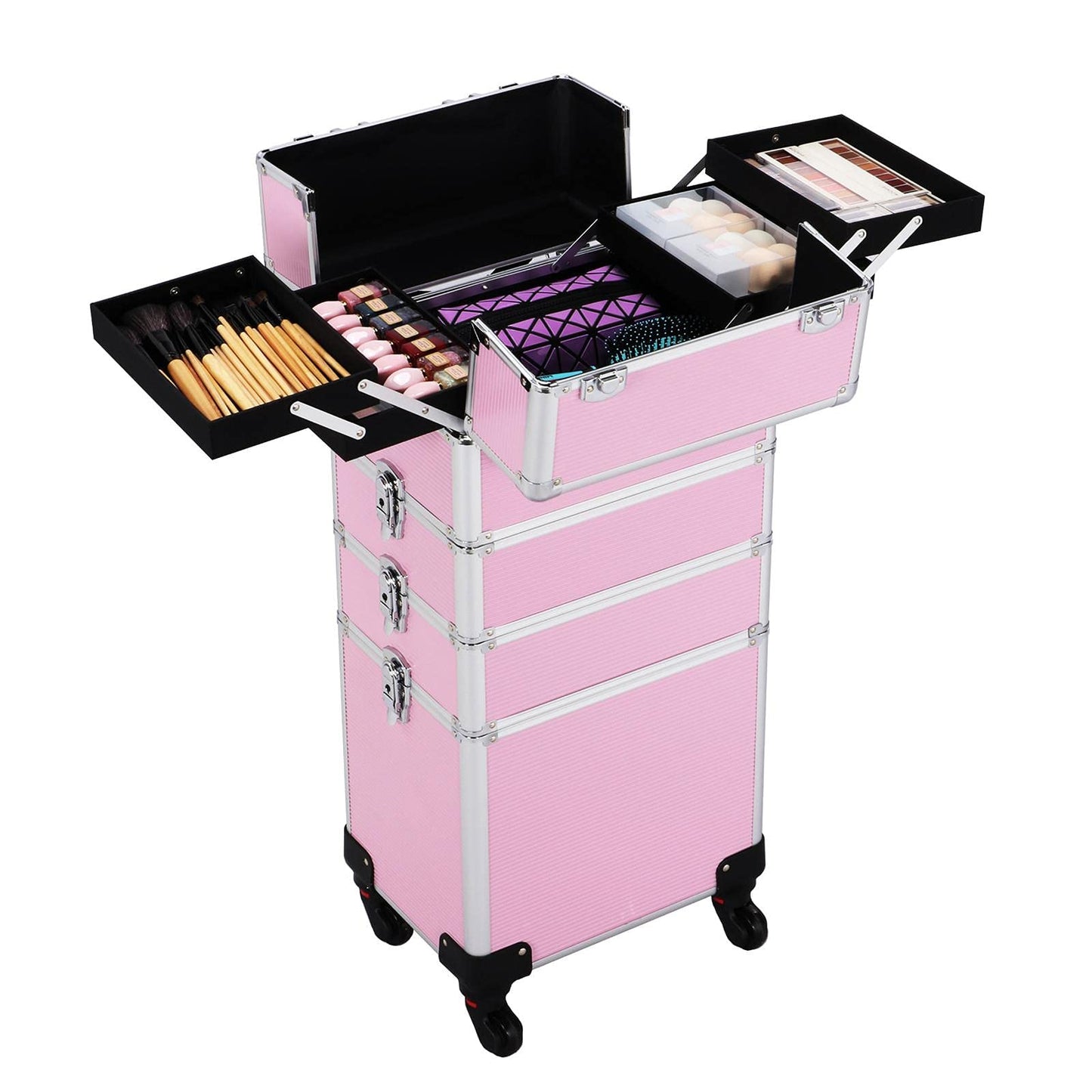 Topeakmart 4 in 1 Professional Makeup Rolling Case, Large Aluminum Cosmetic Train Case, Makeup Tavel Case Travel Beauty Organizer - Pink - with Removeable Wheels