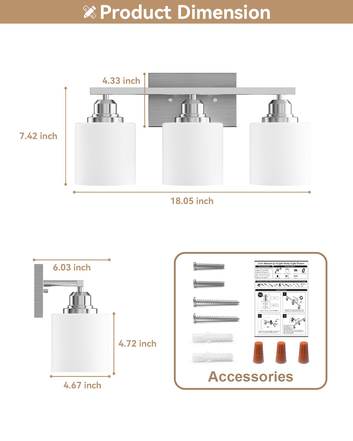 Sailstar Bathroom Light Fixtures Over Mirror, 3-Light Vanity Lights Brushed Nickel, Modern Bathroom Vanity Light, Glass Shade & Anti-Rust Nickel Finished, Bathroom Light for Small Space