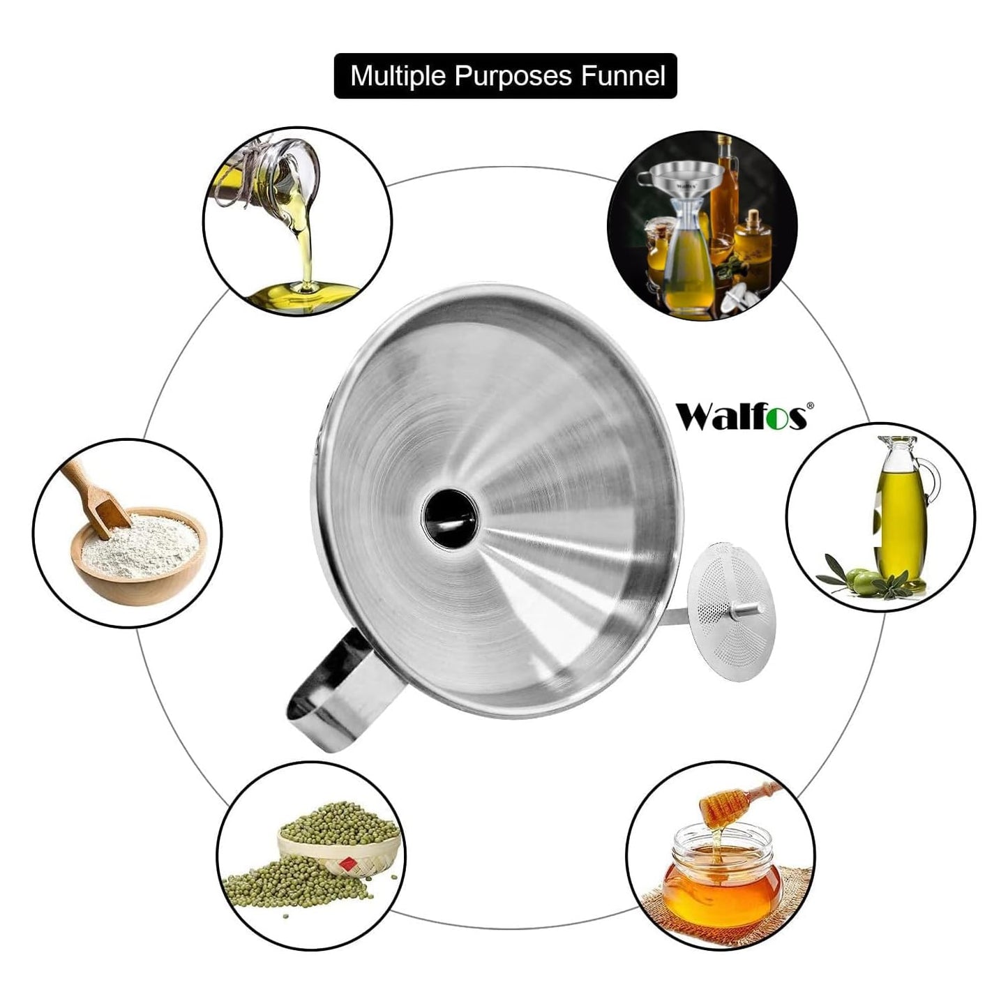 Stainless Steel Funnel, Walfos 3 Pack Kitchen Funnel with 2 Removable Strainer ＆ 1Pcs Cleaning Brush, Perfect for Transferring of Liquid, Oils, Jam, Dry Ingredients & Powder