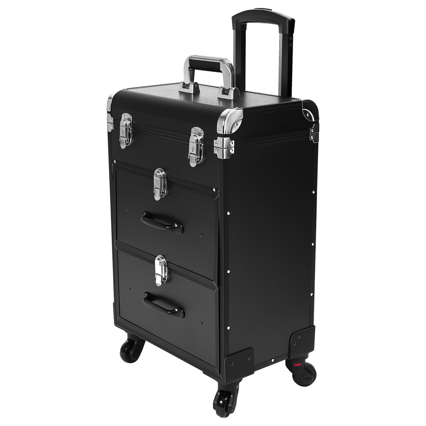 Rolling Makeup Train Case Professional Cosmetics Storage Organizer with Wheels & Dividers & Locks, Large Storage Cosmetic Trolley Traveling Cart Trunk for Hairdresser, Makeup Artist (Black)