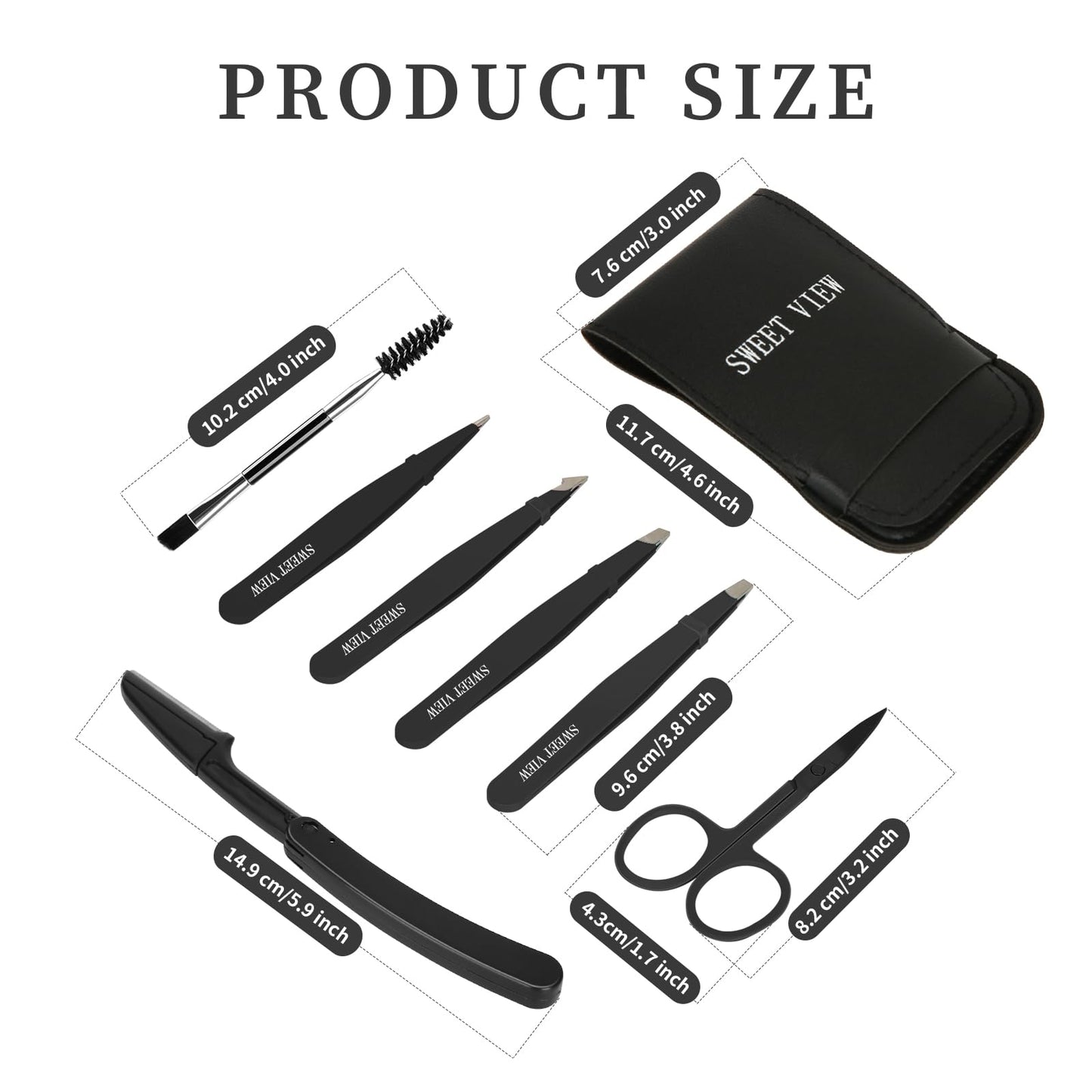 SWEET VIEW 7pcs Eyebrow Tweezers Kit for Women Precision Plucker with Brow Scissors & Razor & Spoolie for Facial, Chin, Brow, Splinter and Ingrown Hair