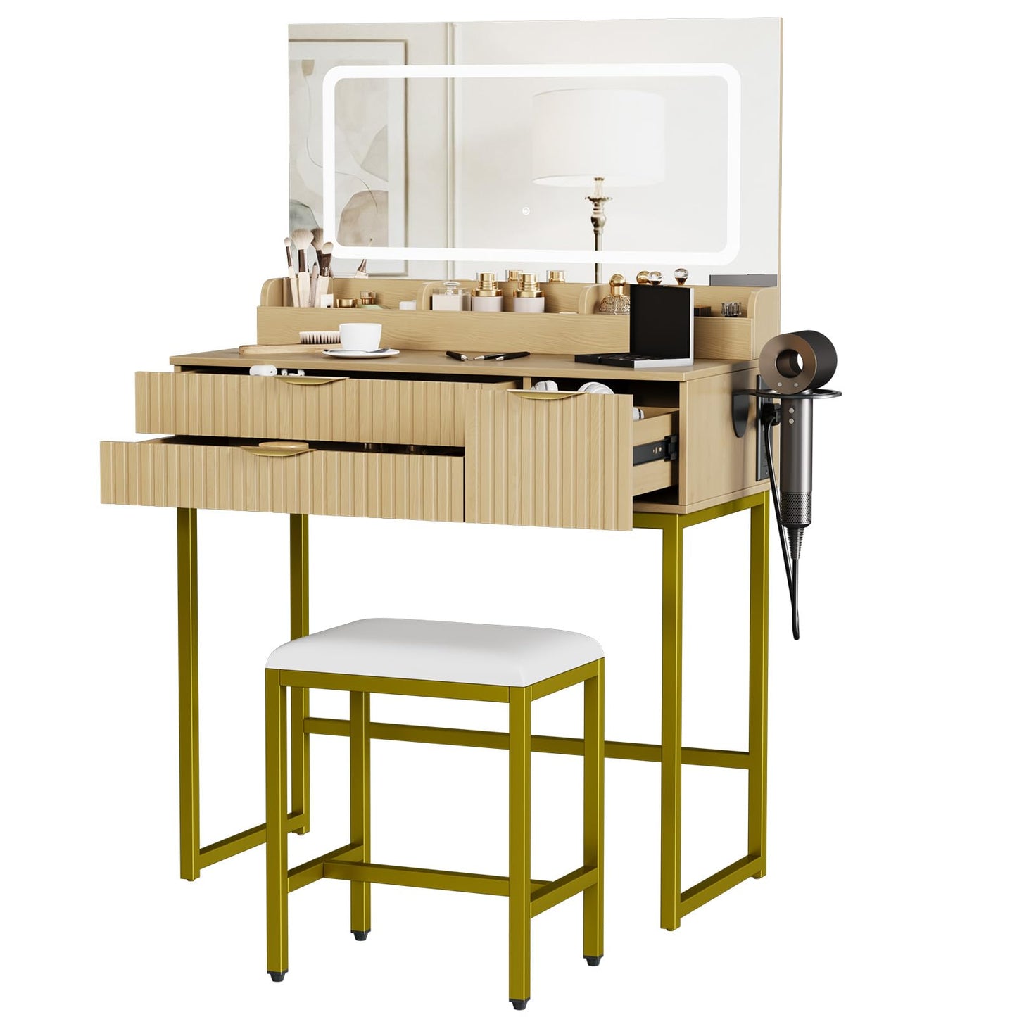 Garvee 31.5" LED Vanity Desk with Mirror and Lights, Modern Makeup Table with 3 Color Lighting Modes, Built-in Power Outlet and 3 Storage Drawers for Bedroom