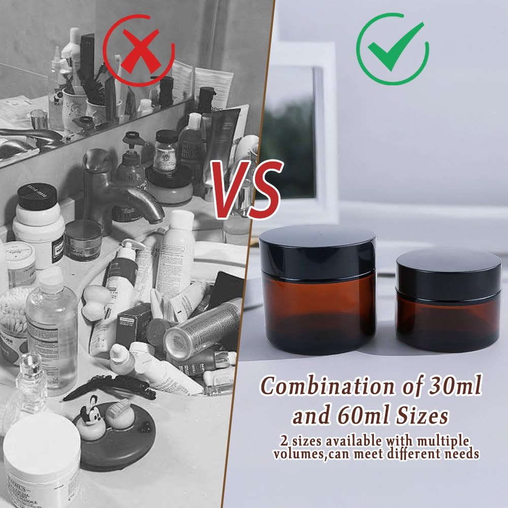 8PCS Amber Glass Jars, 1oz/2oz Cosmetic Containers with Inner Liners and Lids, Empty Round Sample Container with Label, Refillable Travel Jar for Cosmetics, Lotions, Creams