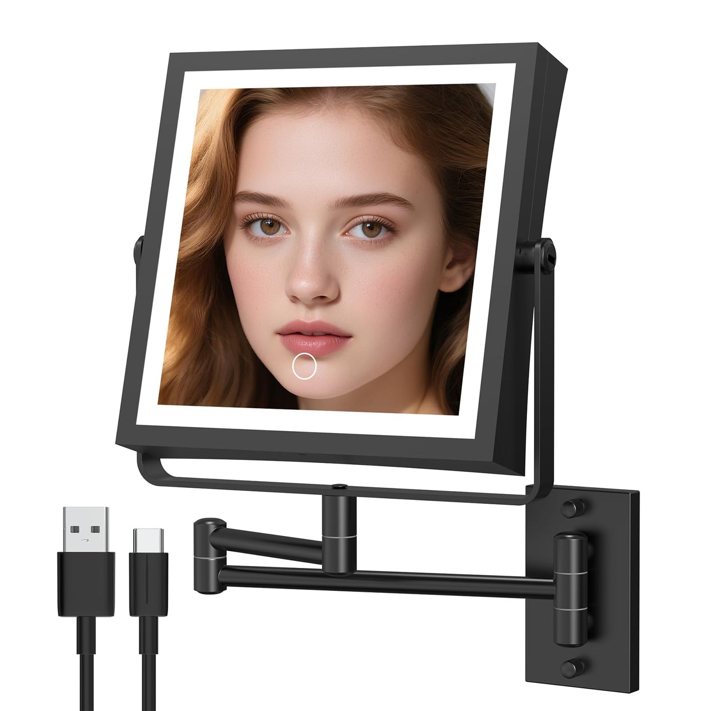 Wall Mounted Makeup Mirror with Lights 4000mAh Rechargeable Double Sided 1X/10X Magnifying Lighted Vanity Mirror with 3 Color Lights & Touch Dimmable 360° Rotation Extension Swing Arm for Bathroom