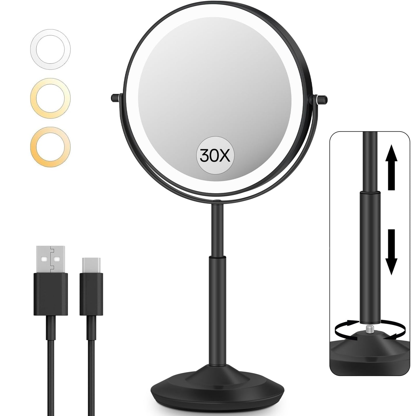 VFD 30X/1X Makeup Mirror with Lights, Height Adjustable Lighted Magnifying Vanity Mirror with 3 Lighting and Adjustable Brightness, 3000mAh Rechargeable Double Sided Switch for Desk Women Gift