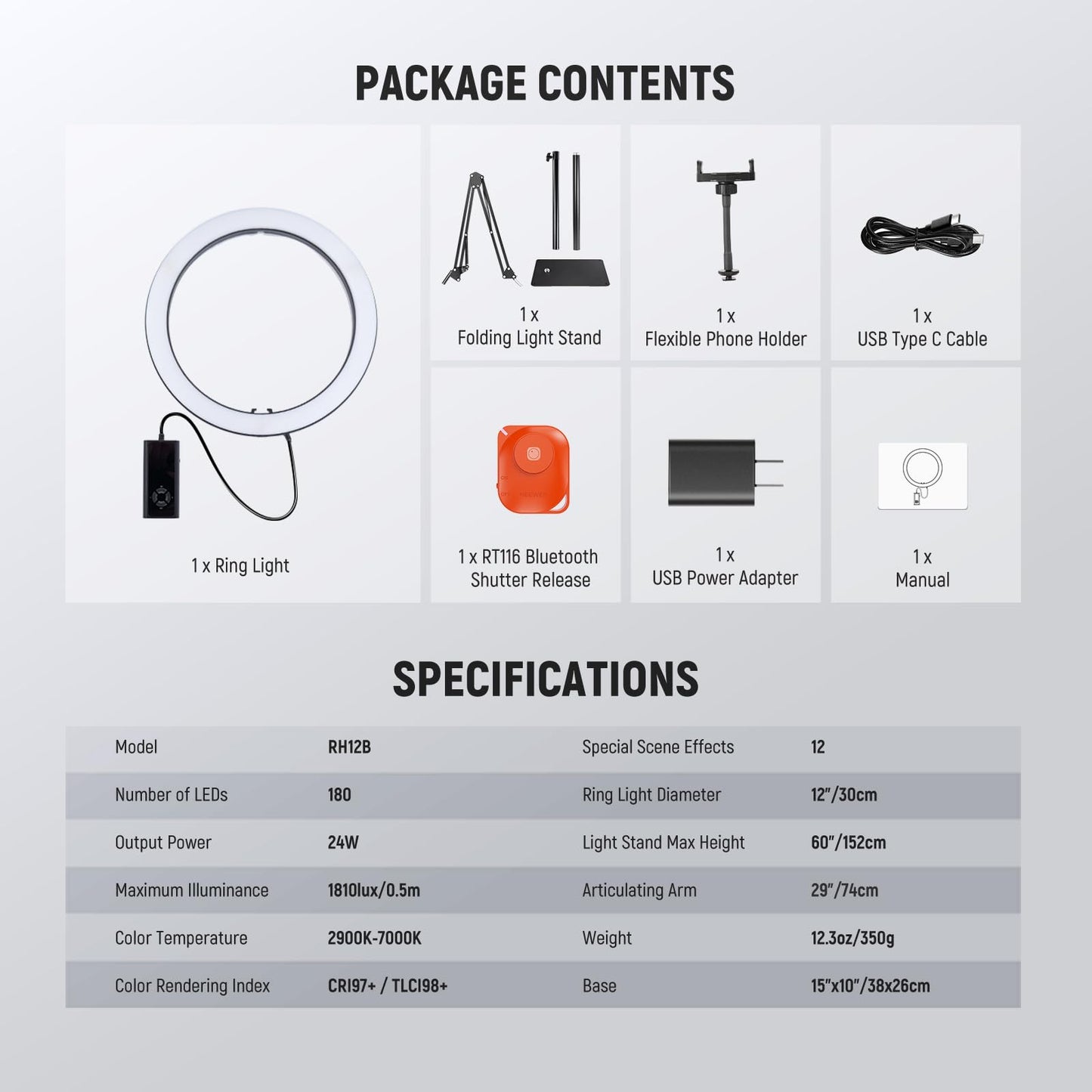 NEEWER 12" 24W High Power LED Ring Light Compatible with iPhone, 60" Overhead Folding Light Stand/Phone Holder Mount for Video Recording Selfie Makeup Streaming,2900-7000K USB C PD Input CRI97+,RH12B