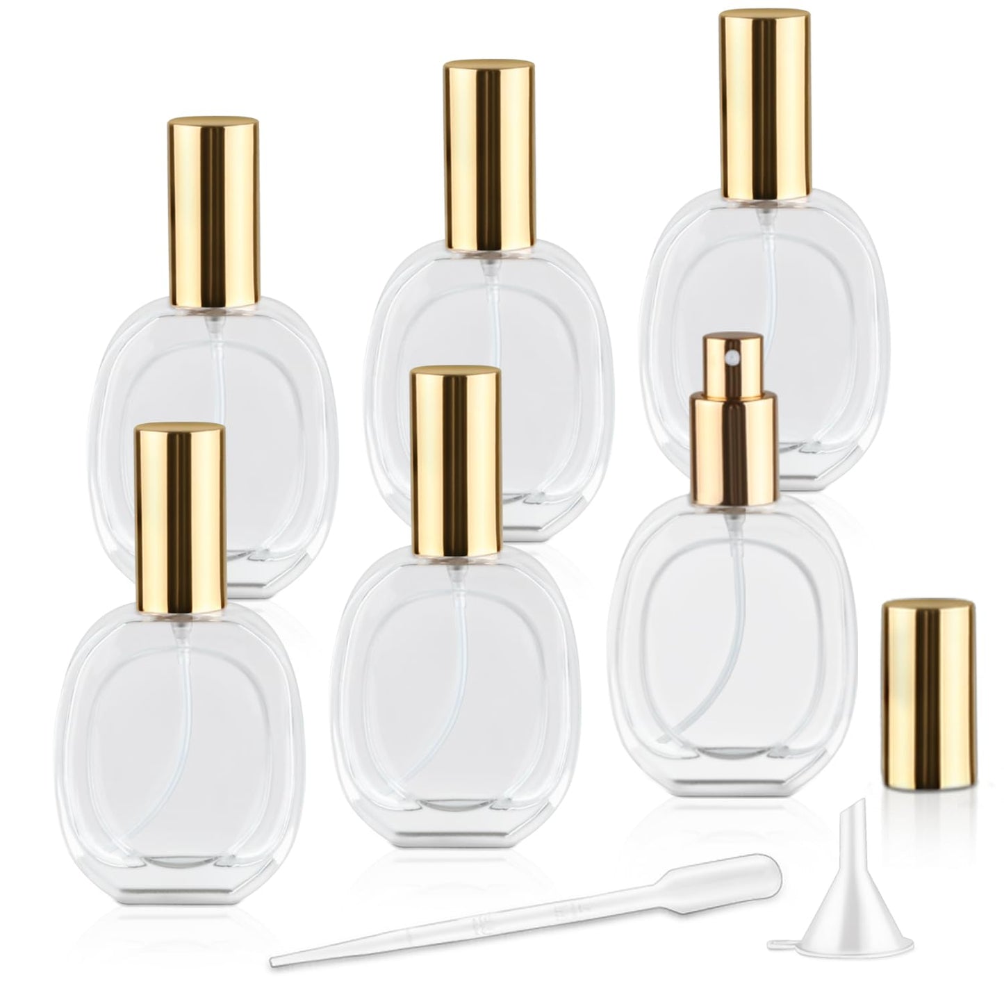 6 Pcs 50ml/1.7oz Glass Spray Bottle Clear Empty Perfume Atomizer Refillable Spray Container with Fine Mist Sprayer Pump for Fragrance Essential Oil Travel - Golden Lid