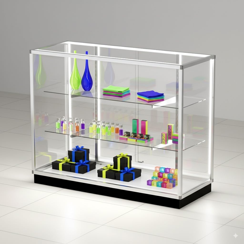 48" Glass Display Showcase Cabinet – Silver Aluminum Frame, Tempered Glass Shelves, Lockable Sliding Doors & LED Lighting – Extra Vision Retail Fixture for Stores, Exhibits & Collectibles
