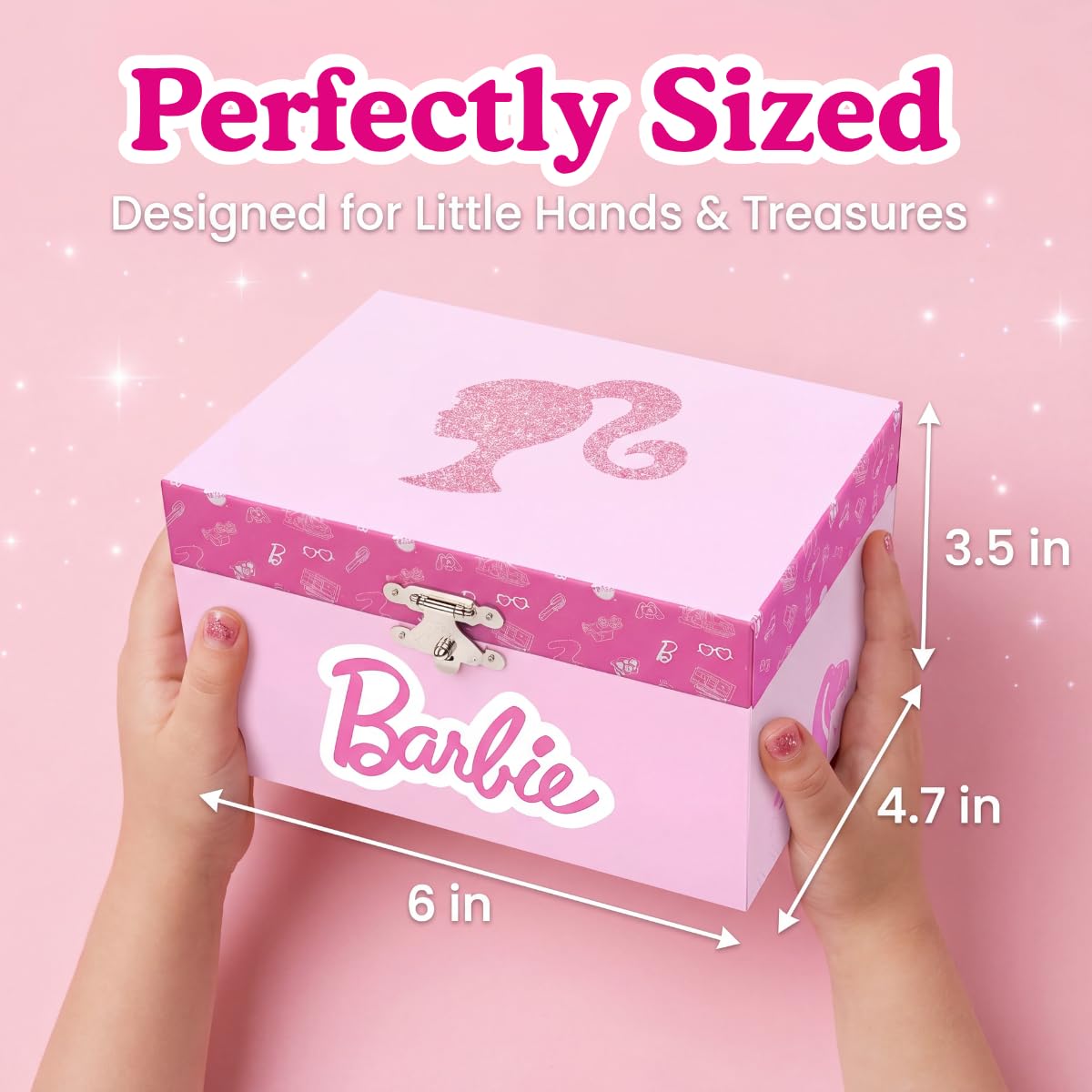 Mini Treasures Barbie Storage Organizer for Accessories Musical Jewelry Box with Spinning Figurine, Barbie Toys for Girls Ages 3-5