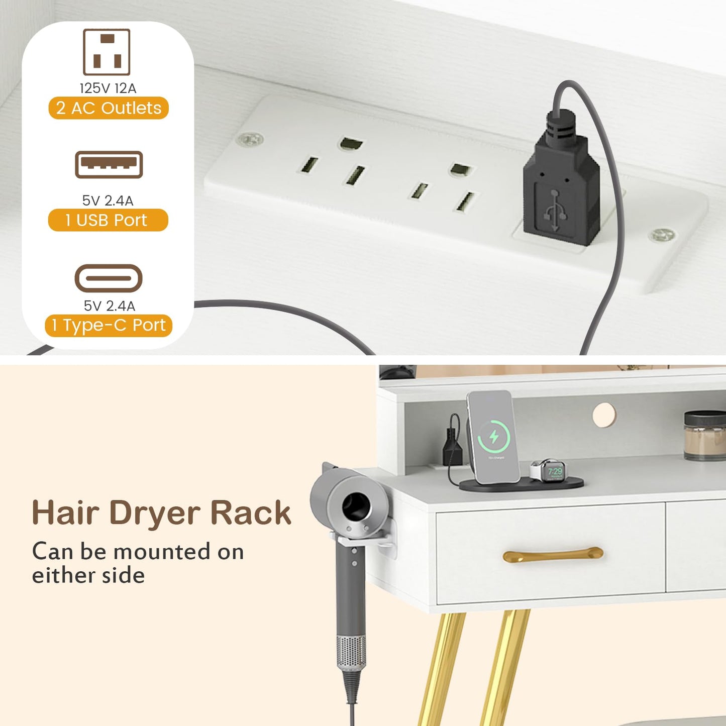 CHARMAID Vanity Desk with LED Mirror and Lights, Charging Station, 4 Drawers, Storage Cabinet & Shelves, Hair Dryer Holder, Modern Makeup Dressing Table with Stool for Bedroom, White & Gold