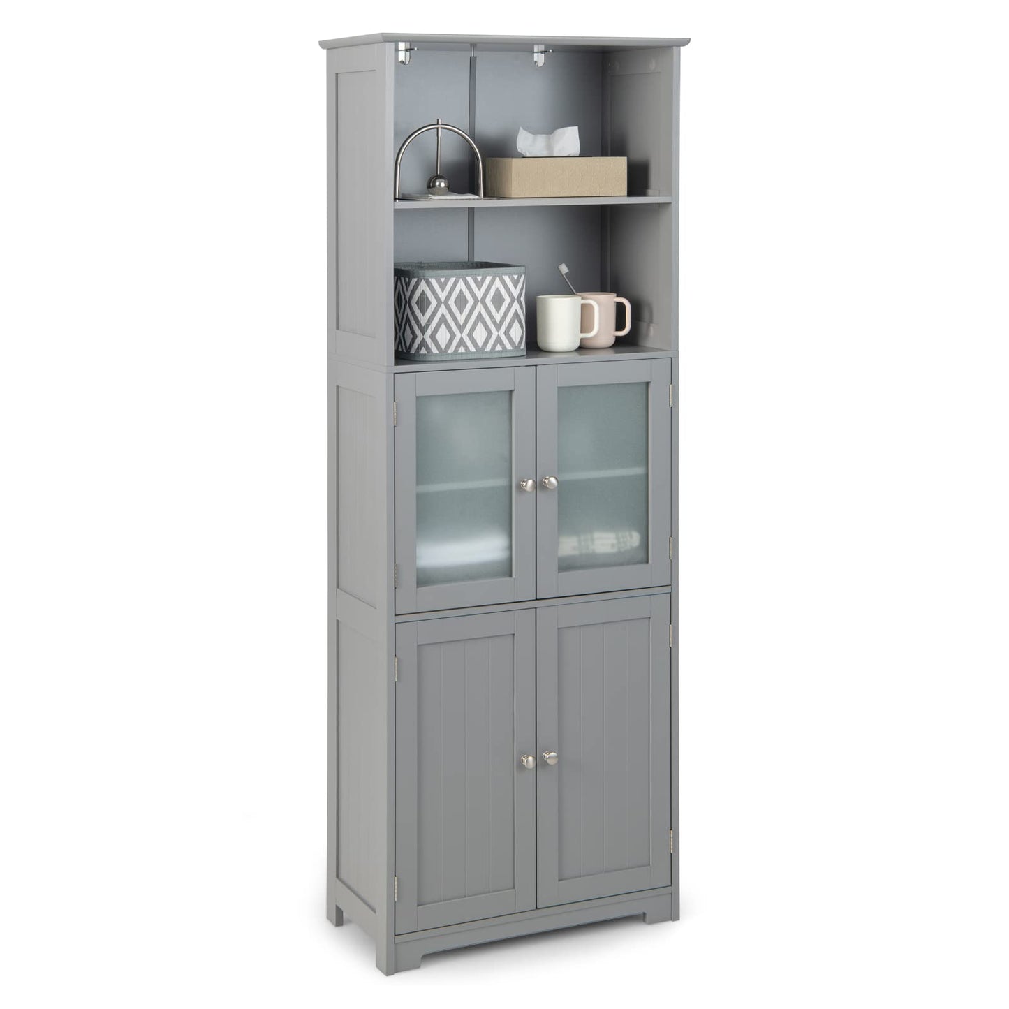 Tangkula Tall Bathroom Storage Cabinet, Freestanding Floor Cabinet w/2 Glass Doors & 2 Open Shelves, 3-Position Adjustable Shelves, Anti-toppling Design, 64” Tall Pantry Cupboard for Kitchen