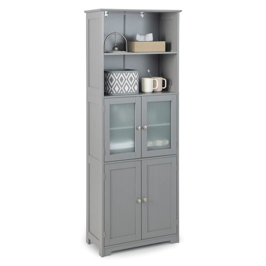 Tangkula Tall Bathroom Storage Cabinet, Freestanding Floor Cabinet w/2 Glass Doors & 2 Open Shelves, 3-Position Adjustable Shelves, Anti-toppling Design, 64” Tall Pantry Cupboard for Kitchen