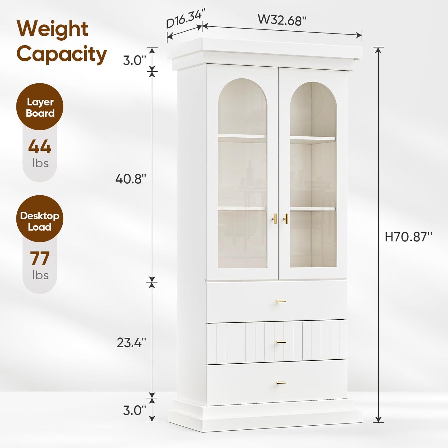 Myricore 71" Arched Kitchen Cabinet, Glass Door Display and Tall Storage Cabinets with Drawers, Modern Pantry for Dining Room, Living Room, White with Gold Handles, 3 of Set